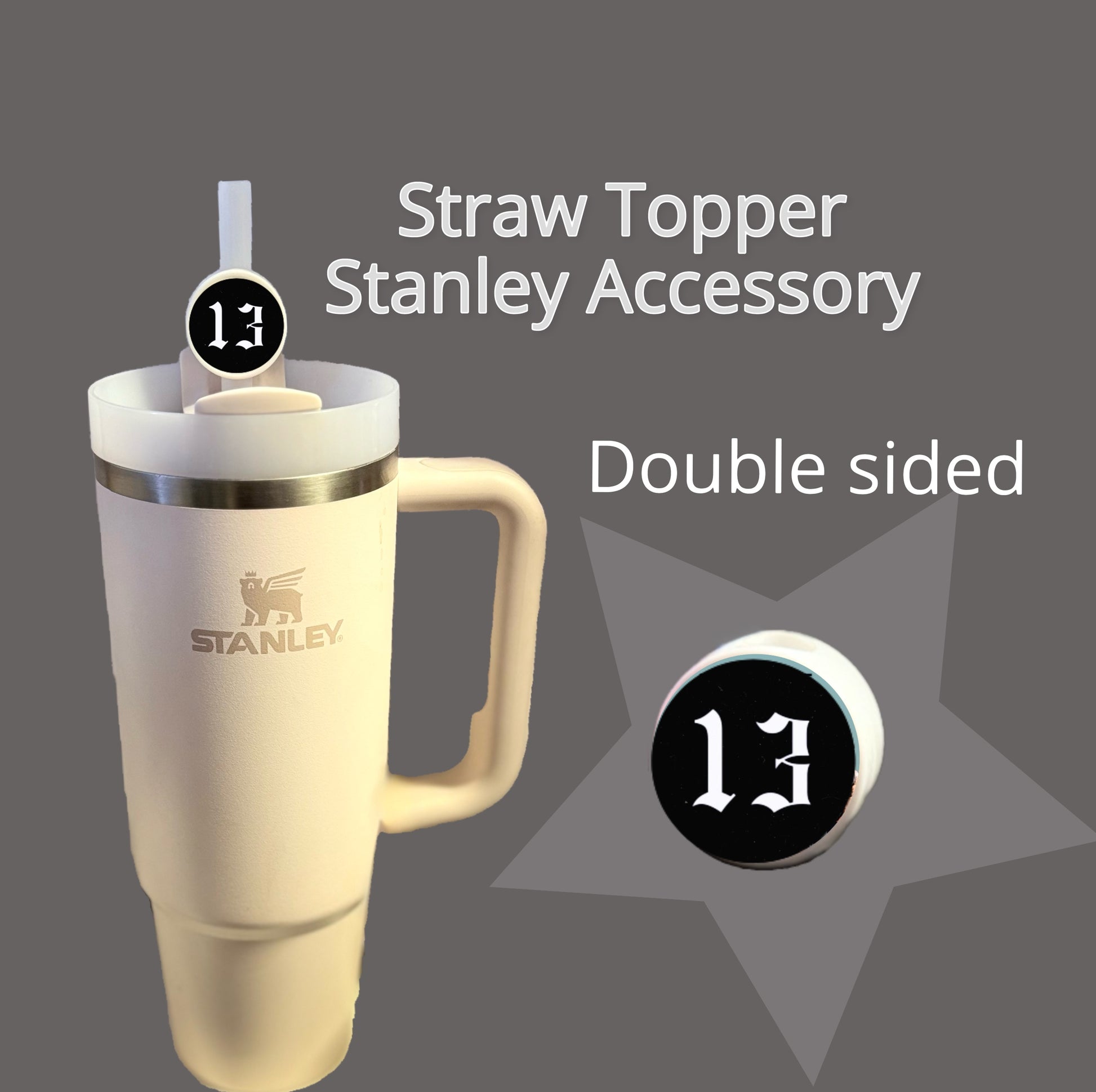 A white travel mug with a handle features Kreative Kreationz's "13 | REP | Taylor Swift Straw Topper." It displays the number "13" on a black background, includes text "Straw Topper Stanley Accessory," is double-sided, and has a silver rim, making it an ideal Stanley tumbler accessory.