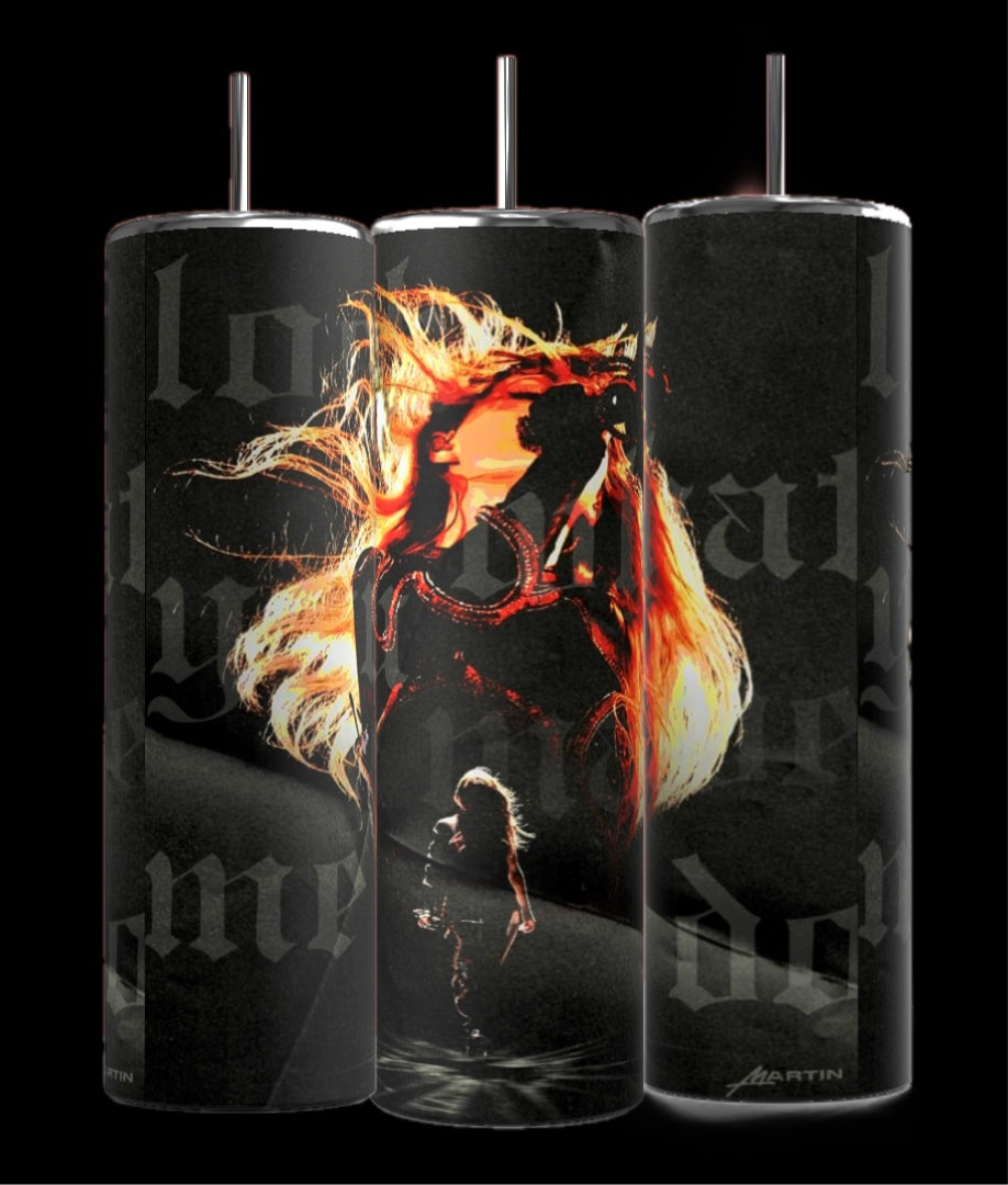 Explore the eco-friendly REP ERA -20oz Skinny Tumbler by Kreative Kreationz, featuring three cylindrical designs that present a fiery, abstract portrayal of a person confronting a horse with a blazing mane against a dark background. This striking depiction embodies themes of strength and intensity with personalized perfection.