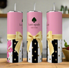 Three "Kate Spade Floral Skinny Tumbler" by Kreative Kreationz with pink lids and straws rest on wood. Decorated with gold dots, yellow bows, and sublimated designs, one features pink floral patterns. The brand "Kate Spade New York" is visible against a blurred background.