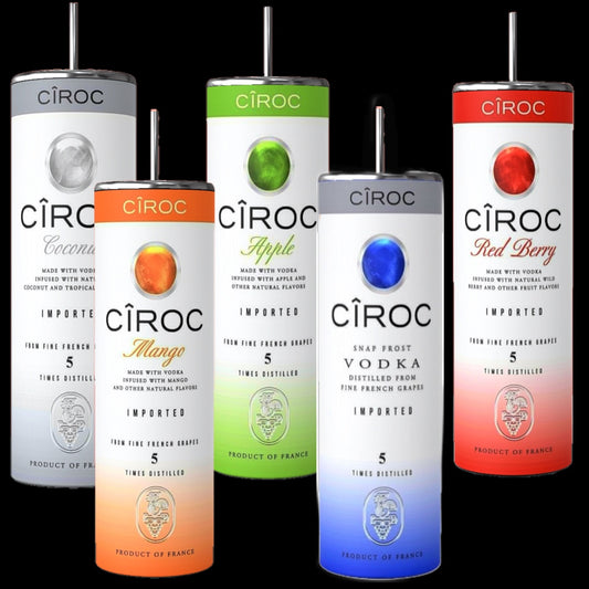 A selection of five Ciroc vodka bottles arranged in a row. Flavors include Coconut, Mango, Apple, Vodka (Snap Frost), and Red Berry. Each bottle showcases its distinct color and label, highlighting the brand’s French heritage and the tagline “Product of France.” For a perfect pairing, consider using the stylish Ciroc 20oz Tumbler by Kreative Kreationz.