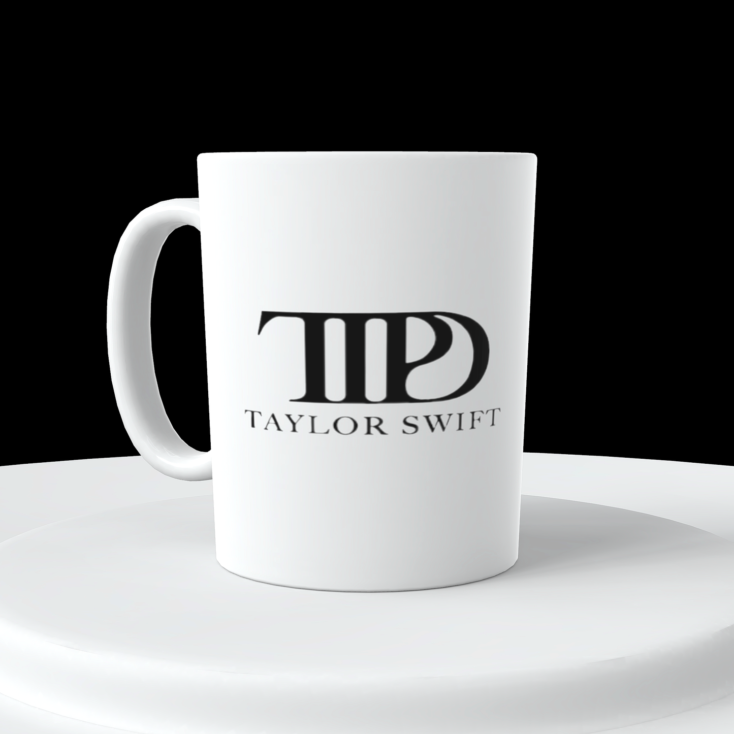 Displayed on a white circular platform against a black background is the TTPD Alls Fair in Love and Poetry | Who’s Afraid of Little Old Me ceramic mug by Kreative Kreationz. This white ceramic mug with a large handle features the name "Taylor Swift" and her stylized initials "TS" in black, making it a must-have for any dedicated Swiftie.