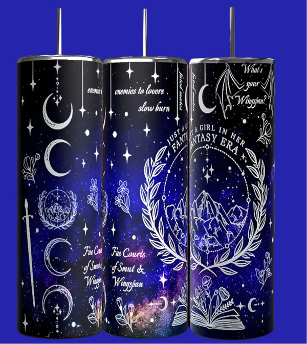 The **Just a Girl Fantasy Era 20oz Tumblers** from **Kreative Kreationz** feature a captivating dark galaxy-themed design with crescent moons, stars, and phrases such as "enemies to lovers," "slow burn," and "What's your wingspan?" alongside open books and mountain landscapes. Each tumbler is equipped with a spill-proof lid and offers durable construction.