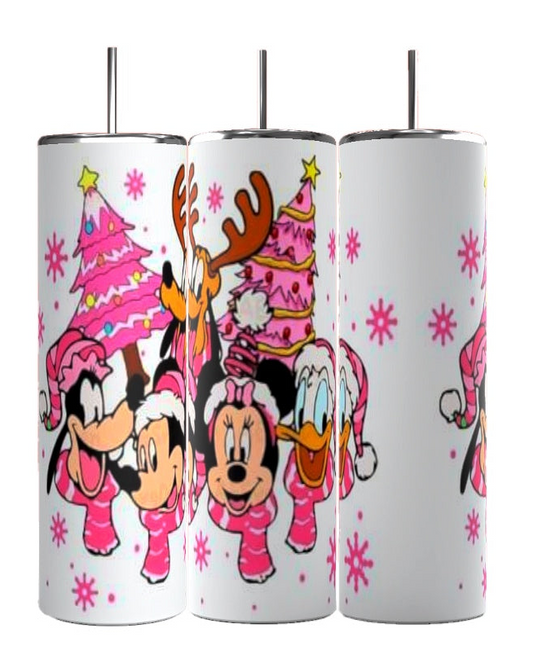 Introducing the Pink Disney Christmas 20oz Tumbler by Kreative Kreationz, featuring festive cartoon characters wearing holiday hats. These durable tumblers set a delightful scene with pink Christmas trees and snowflakes as a backdrop, while charming pink scarves on the characters add an extra touch of holiday cheer.