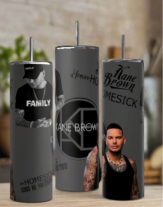 The Kane Brown 20oz Tumblers by Kreative Kreationz showcase a tattooed man with a cap and sleeveless top, featuring 