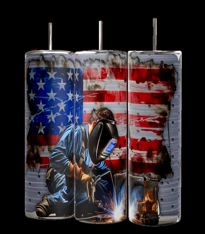 Kreative Kreationz's Welders 20oz Tumbler Collection features three tumblers depicting a welder with sparks flying and distressed American flag designs, each showing the welder in protective gear including a helmet.