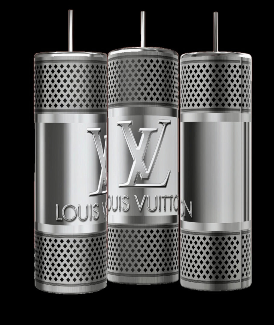 The set includes three stylish silver stainless steel tumblers, each holding 20 oz, adorned with perforated details and prominently featuring the LV logo and "Kreative Kreationz" branding in the center. Designed for both elegance and practicality, every tumbler comes with a spill-proof lid.