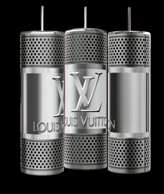 The set includes three stylish silver stainless steel tumblers, each holding 20 oz, adorned with perforated details and prominently featuring the LV logo and 