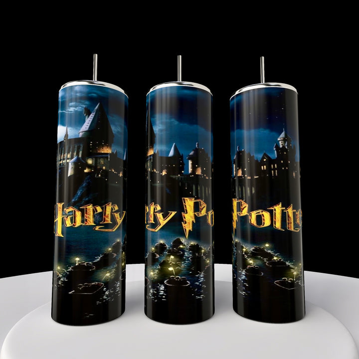 The Kreative Kreationz Harry Potter Tumbler collection features three enchanting 20 oz skinny tumblers with a nighttime castle design and "Harry Potter" in gold. Against a black backdrop on white, they come with metal straws and embody Slytherin charm.