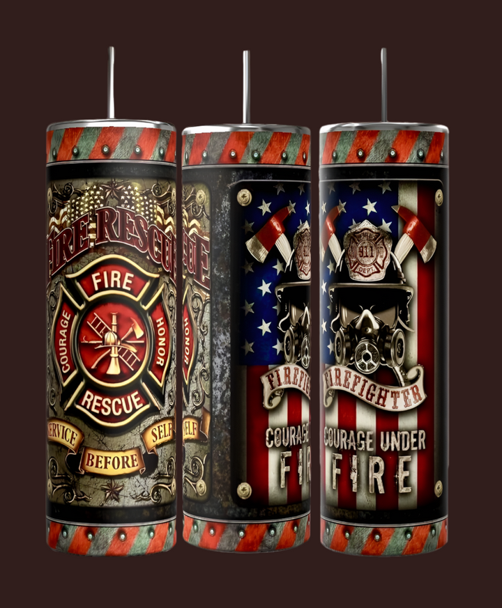 The Fire Rescue 20oz Skinny Tumbler by Kreative Kreationz features a firefighter theme with axes, helmets, and text such as "Fire Rescue" and "Courage Under Fire," set against a dark background with red, white, and blue accents.