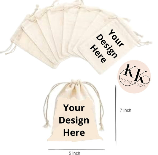 Image showcasing eight beige drawstring pouches from Kreative Kreationz, artistically arranged in a fan shape and each featuring "Your Design Here". Highlighted is a single customizable satchel bag with dimensions of 5 inches wide by 7 inches tall. The logo is positioned at the top right corner, making these perfect for personalized party favors. Product Name: 6-Pack Customizable Satchel Bags.