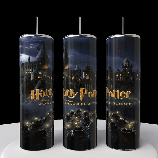 Three Kreative Kreationz Harry Potter 20oz tumblers depict a 