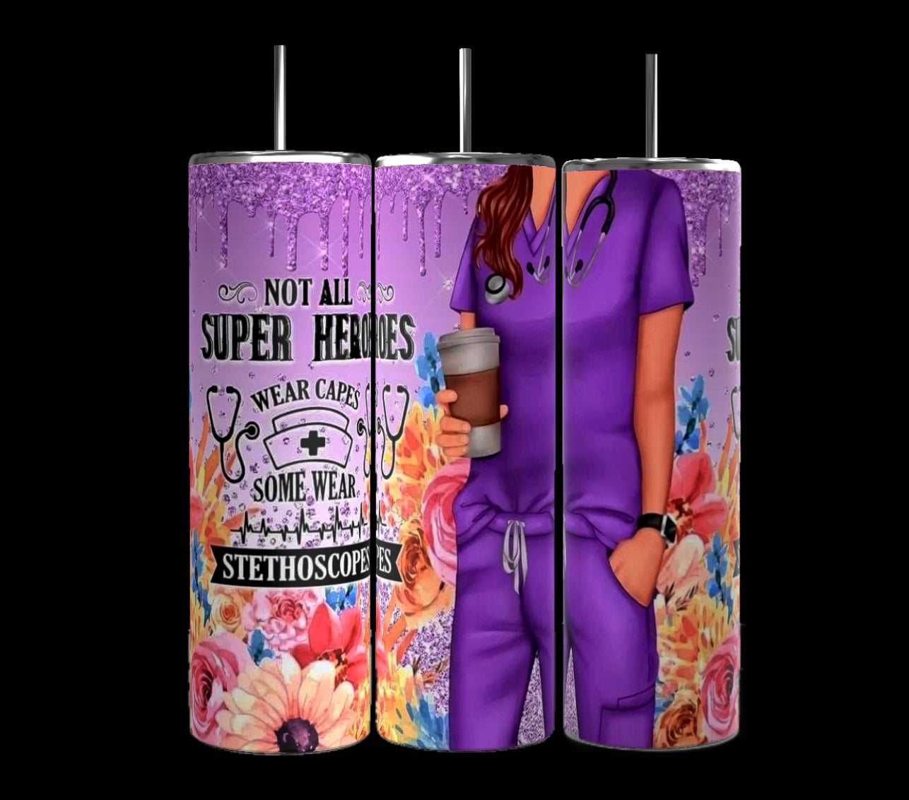 The "Not All Superheros Wear Capes Nurse Edition 20oz Tumbler" by Kreative Kreationz features a vibrant purple design showcasing a detailed illustration of a healthcare professional in scrubs holding a stethoscope. The tumbler is adorned with the inspiring text, "Not all superheroes wear capes, some wear stethoscopes," surrounded by beautiful floral patterns and shimmering glitter effects. Built to last, its durable construction ensures longevity.