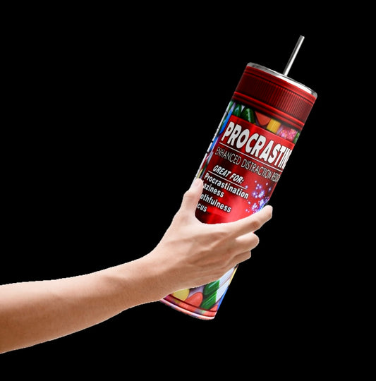 A hand holds a vibrant 20oz Proceastinex Adult Issues Skinny Tumbler by Kreative Kreationz against a black backdrop. The tumbler humorously mimics an energy drink with double-wall insulation, playfully promoting procrastination and slothfulness through its personalized designs.