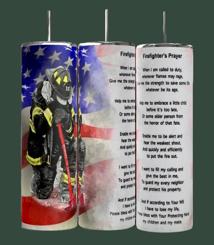 Kreative Kreationz offers the Firefighter Prayer 20oz tumbler with a durable design featuring an American flag. One design shows a kneeling firefighter, and the others contain the "Firefighter's Prayer," asking for strength, courage, and protection.