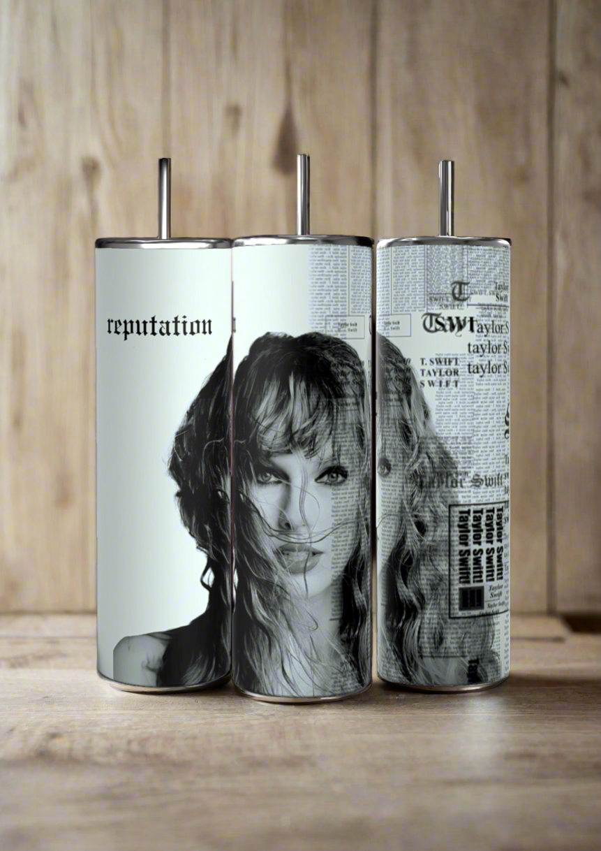 Three Tea Bridgerton 20oz Stainless Steel Tumblers by Kreative Kreationz are shown. The left two display silhouettes of women, flowers, and the text "Spill the Tea - Lady Whistledown’s Society Papers - Extraordinary People, Extraordinary News." The right tumbler features a large pink ribbon and bow design. Each tumbler includes a reusable straw.