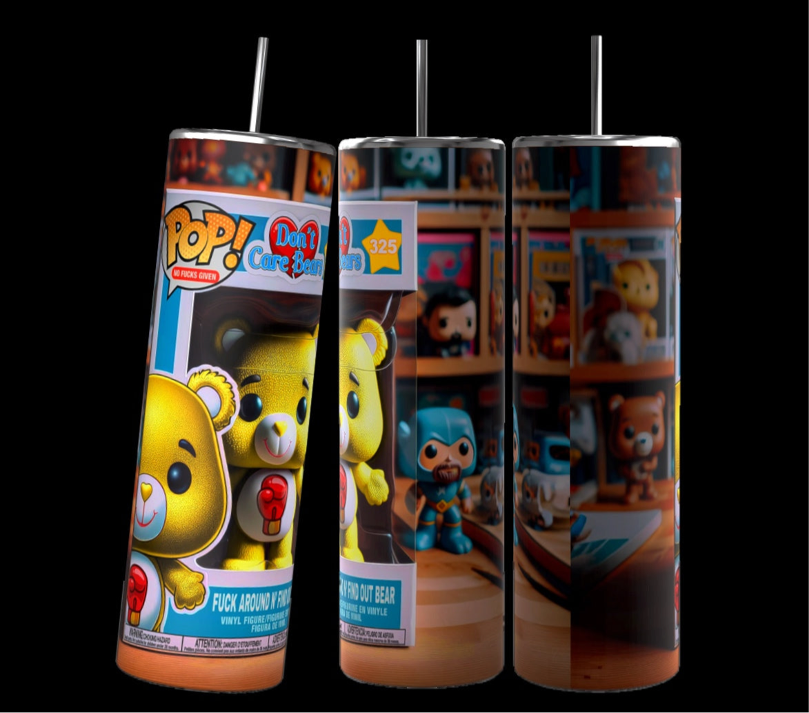 Three Kreative Kreationz 20-ounce skinny tumblers are on display, each adorned with colorful designs of collectible Funko Pop! figures. The left tumbler showcases the "FAFO Don’t Care Bear," the central tumbler features a superhero figure, and the right tumbler depicts a vivid, cluttered shelf. Each comes with a reusable straw and double wall insulation.