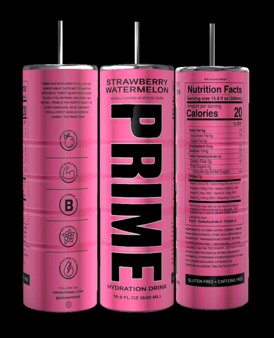 Three cans of Prime Hydration Drink in Meta Moon flavor are displayed. The cans are silver with black and white text. The front can shows the Prime logo, the left can displays nutrition facts, and the right can lists product features and bar code. Perfect for filling your PRIME 20 ounce tumbler from Kreative Kreationz!