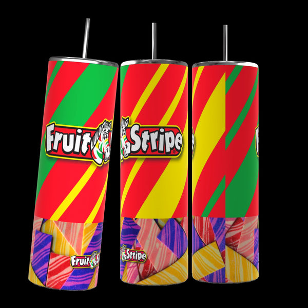 Three vibrant Fruit Stripe Gum 20oz Stainless Steel Tumblers by Kreative Kreationz, each adorned with red, yellow, and green diagonal stripes. The center tumbler prominently features a logo with "Fruit Stripe" text alongside an image of a zebra. The bottom part of each tumbler showcases multicolored gum pieces. Set against a black background, these sleek tumblers are perfect for any occasion.