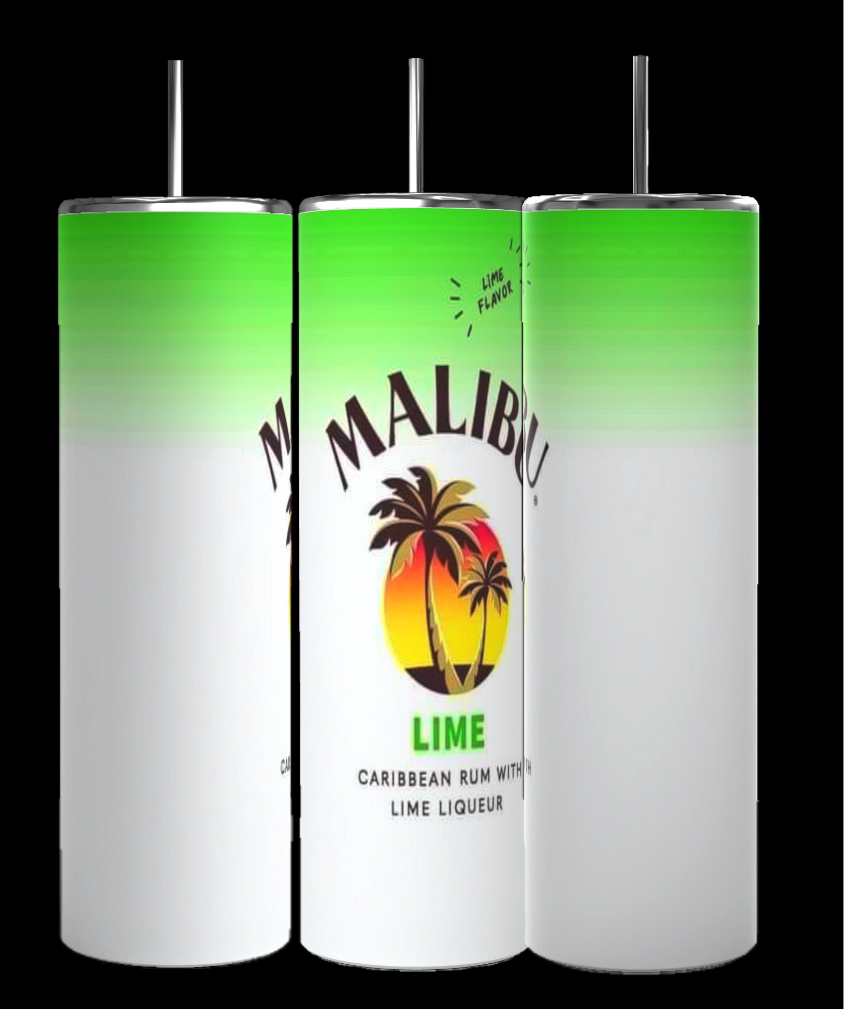 Image showing a collection of Malibu 20oz Tumblers from Kreative Kreationz. Six vibrant, 20 oz capacity tumblers are beautifully arranged in two rows, showcasing flavors like Original, Pineapple, and Lime. Each tumbler features tropical colors along with the iconic Malibu logo depicting a palm tree. Perfect for pairing with an eco-friendly MALIBU tumbler and reusable straw.
