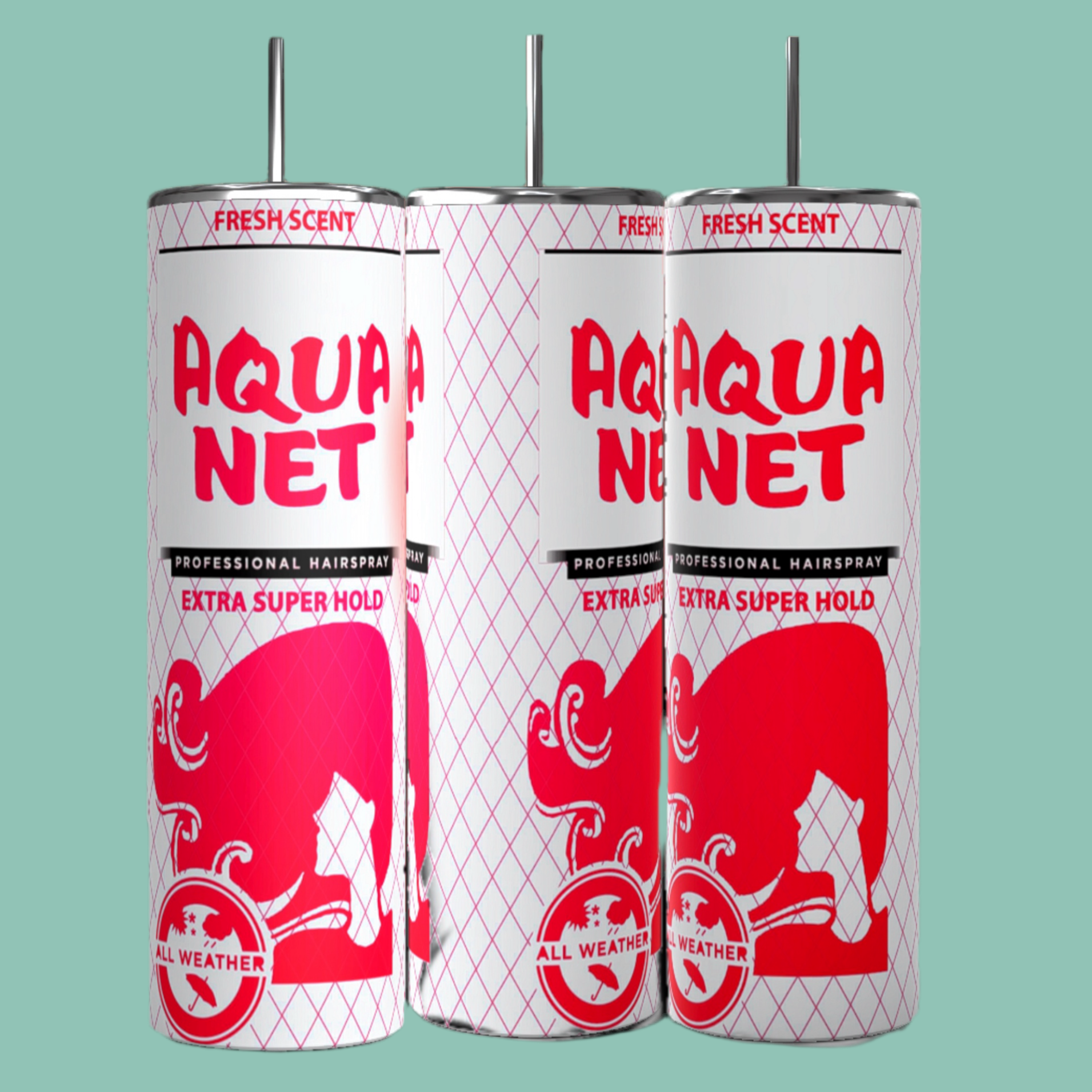 Three Aqua Net Double Sided 20oz Tumblers from Kreative Kreationz with "Extra Super Hold" in red text on a white background. The tumblers feature a pink horse design and a fresh scent label, reminiscent of your favorite insulated tumbler to keep things fresh. The background is teal.