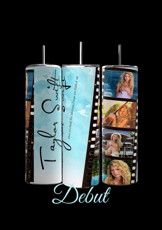 Collection of Taylor Swifts Eras Tumblers: Debut, Fearless, Speak Now, Red, 1989. Reputation, Lover, Evermore, Folklore, Midnights, and TTPD 