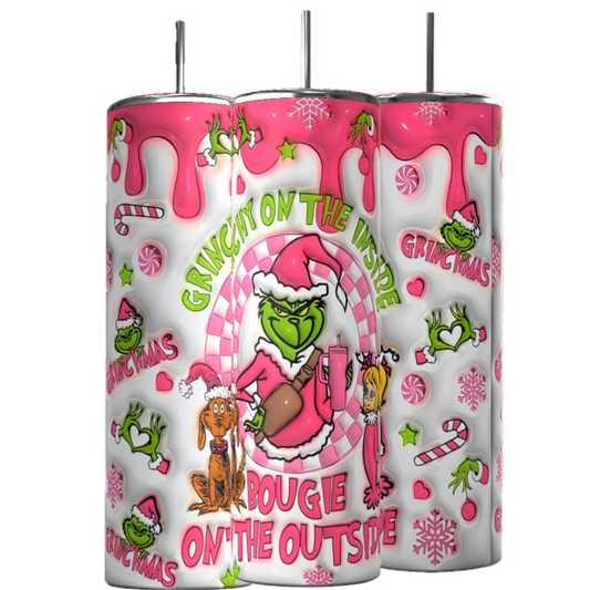 The Bougie Grinch Christmas 20oz Tumbler by Kreative Kreationz showcases festive designs of the Grinch, hearts, candy canes, and snowflakes. Featuring "Grinch on the Inside" and "Bougie on the Outside" text, each tumbler includes a metal straw for stylish holiday sipping.