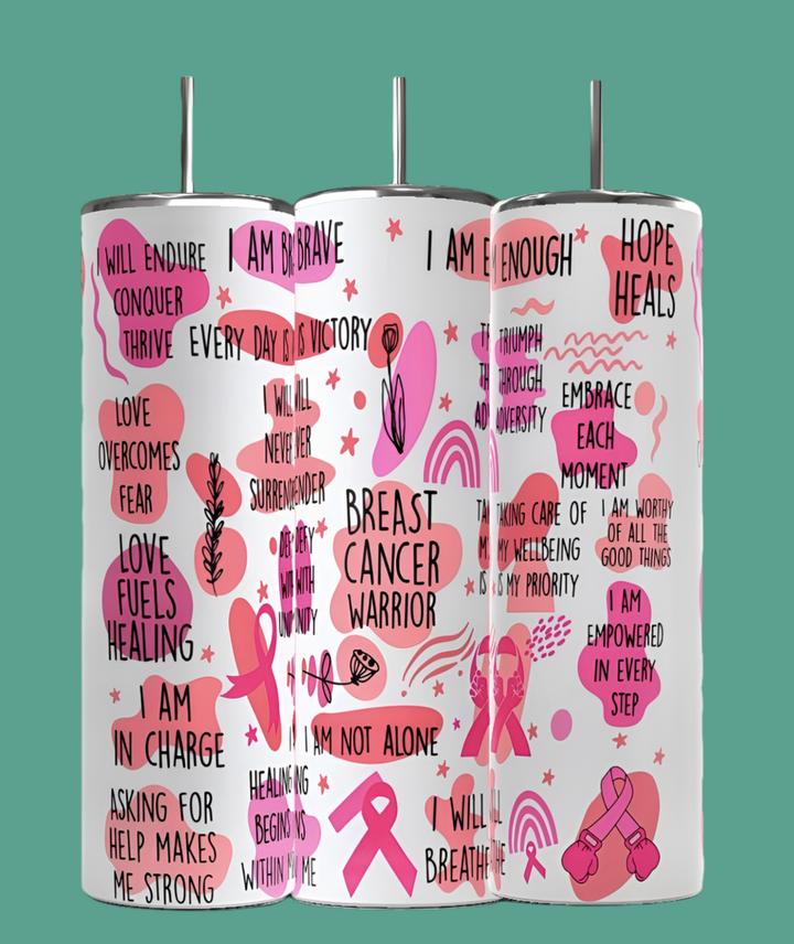 The Kreative Kreationz Breast Cancer Survivor 20oz Skinny Tumblers feature motivational phrases, "I am brave," "Hope heals," and "Love fuels healing." With high-quality sublimation and pink ribbons on a teal background, these tumblers promote awareness in stylish pink and black text.