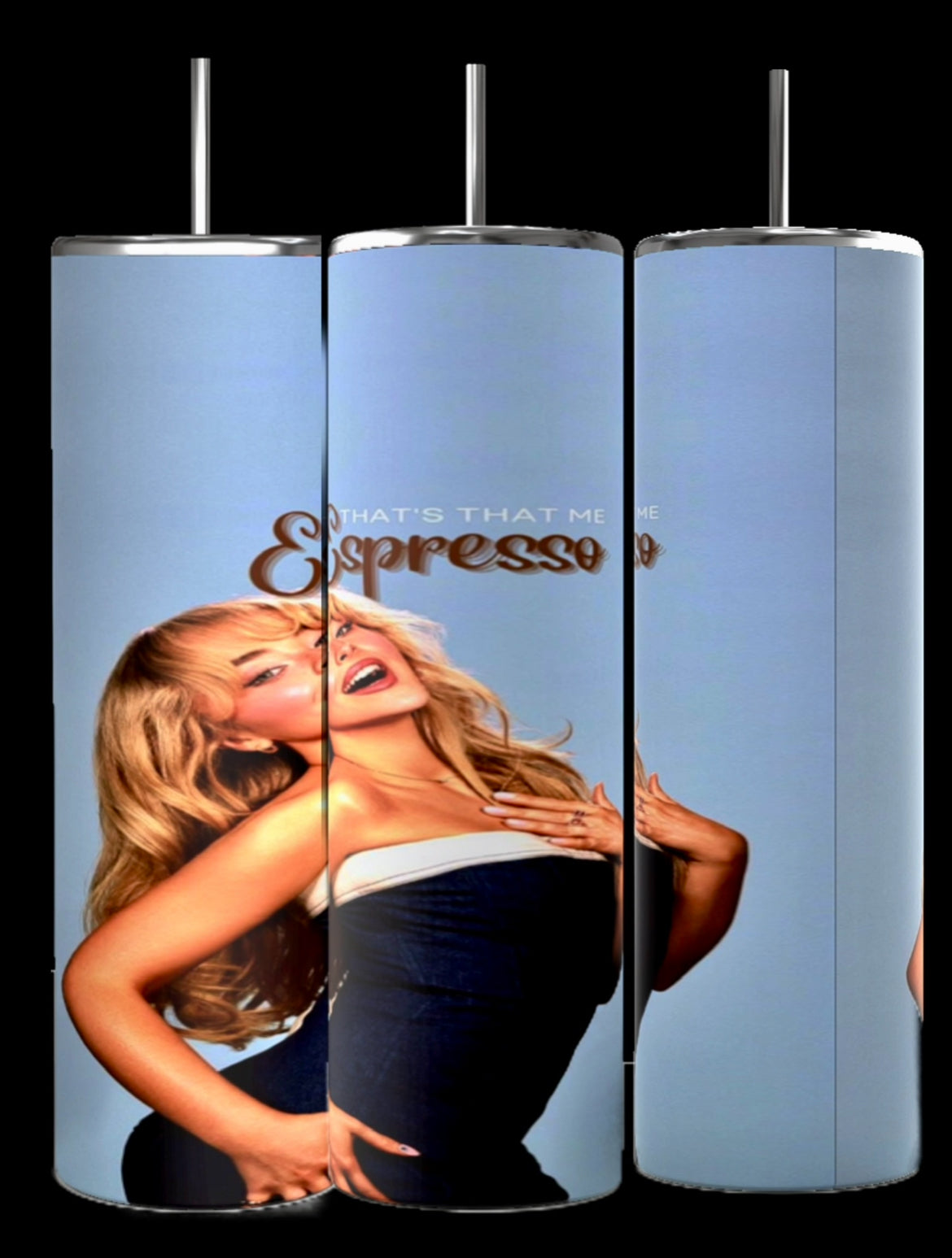 A collage featuring ten panels of various designs, primarily in blue and brown shades, promoting the "Sabrina Carpenter | Expresso Collection of 20oz Tumblers" from Kreative Kreationz. Each panel displays a woman in different poses with coffee-themed graphics and text like "S. Pressso out now." Discover the durable construction and stylish design of these 20 oz tumblers. Vertical text on the right reads "Sabrina Carpenter Expresso.