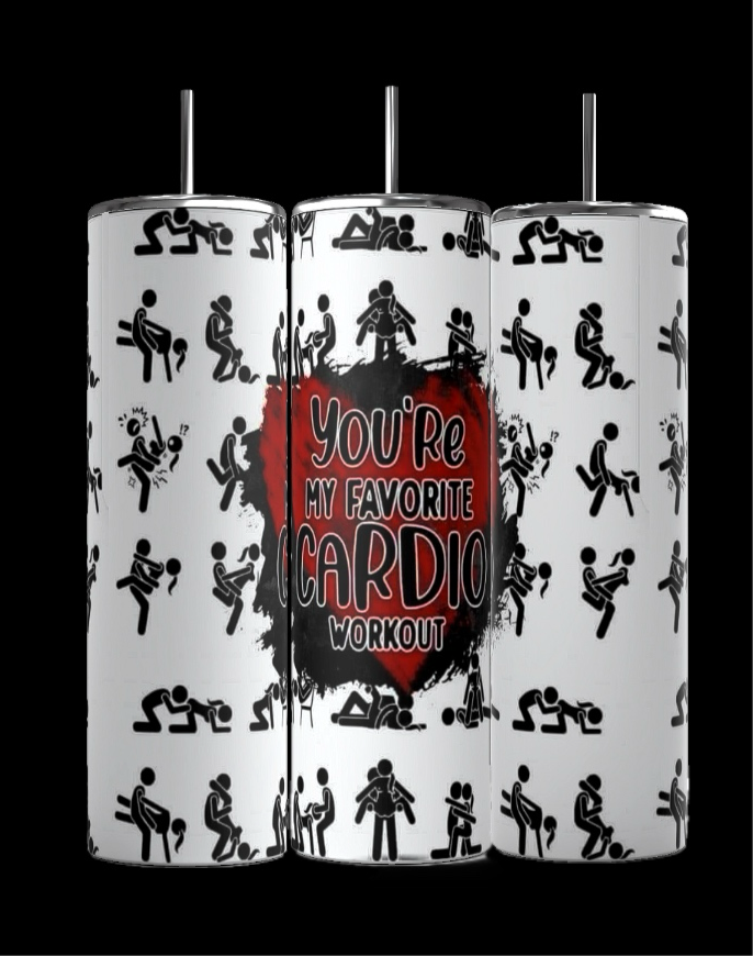 This set of three 20oz tumblers from Kreative Kreationz, named "Your My Favorite 20oz Skinny Tumbler," features black stick figure illustrations depicting various sexual positions. Each tumbler showcases double-wall insulation, with the middle one flaunting a red and black splash background and the text "You're My Favorite Cardio Workout" prominently displayed in the center.