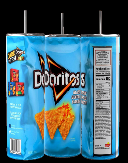 A Doritos Collection stainless steel skinny tumbler, with a sleek 20 oz capacity, sits against a backdrop of Doritos juice pouch costumes that mimic the iconic chip bags of popular flavors: Nacho Cheese and Cool Ranch. The text "Doritos Collection" is prominently centered at the top in vivid orange and blue. This eye-catching product from Kreative Kreationz is sure to be a hit with Doritos fans.