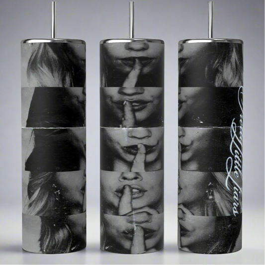 Kreative Kreationz offers a set of Pretty Little Liars 20oz tumblers featuring black and white images of a woman's face making a shushing gesture, with "pretty little liars" printed vertically on one. They include spill-proof lids and an optional reusable straw for convenience.