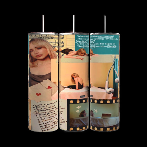 Three cylindrical objects from the Kreative Kreationz brand are displayed, each wrapped with a collage of photos and hand-written notes. The images include a woman with blonde hair, a bed, letters, and earphones. The 20 oz capacity Emails I Can’t Send SC Tumbler keeps beverages hot or cold. The background is decorated with filmstrip edges and text snippets.