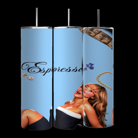 Three cylindrical tumblers with light blue backgrounds. Each features the word "Espresso" in elegant script along with various illustrations, including a woman with blonde hair, a coffee cup, coffee beans, and decorative elements like pearls and flowers. These Sabrina Carpenter 20oz Tumblers from Kreative Kreationz are designed to keep beverages hot or cold.