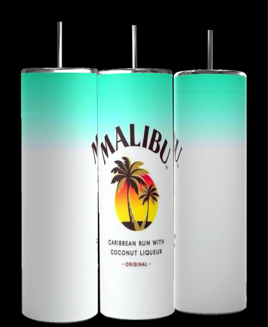 Image showing a collection of Malibu 20oz Tumblers from Kreative Kreationz. Six vibrant, 20 oz capacity tumblers are beautifully arranged in two rows, showcasing flavors like Original, Pineapple, and Lime. Each tumbler features tropical colors along with the iconic Malibu logo depicting a palm tree. Perfect for pairing with an eco-friendly MALIBU tumbler and reusable straw.
