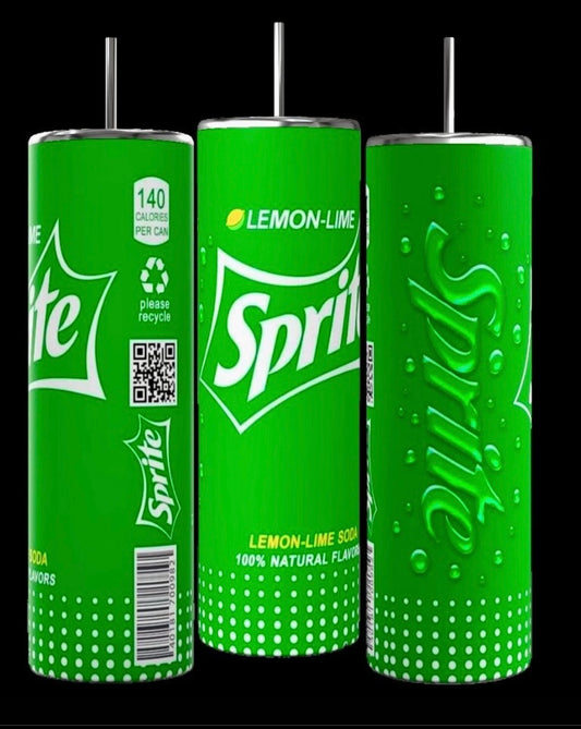 Three tall, slim green cans of Sprite are displayed against a black background. Each can features the Sprite logo, a lemon-lime design, and information such as 140 calories per can, "Please Recycle," and "100% Natural Flavors." Beside them sits the Sprite 20oz Skinny Tumbler with Lid and Reusable Straw by Kreative Kreationz.