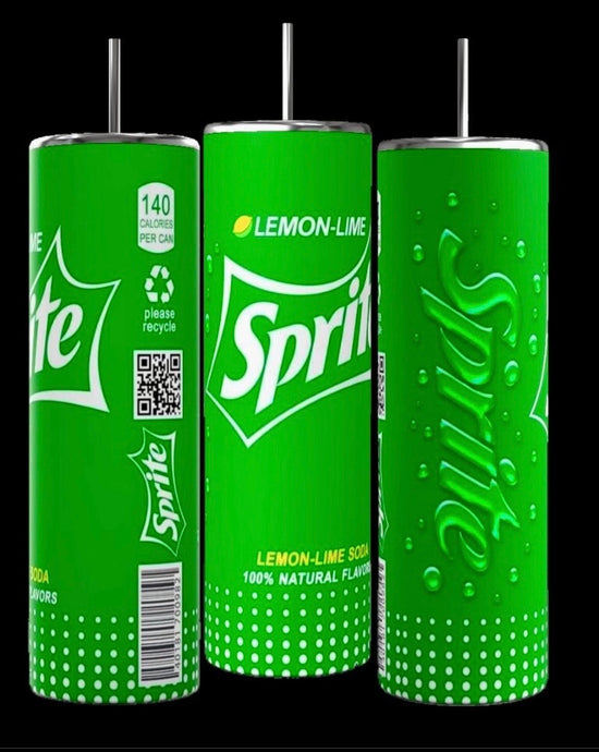 Three tall, slim green cans of Sprite are displayed against a black background. Each can features the Sprite logo, a lemon-lime design, and information such as 140 calories per can, 