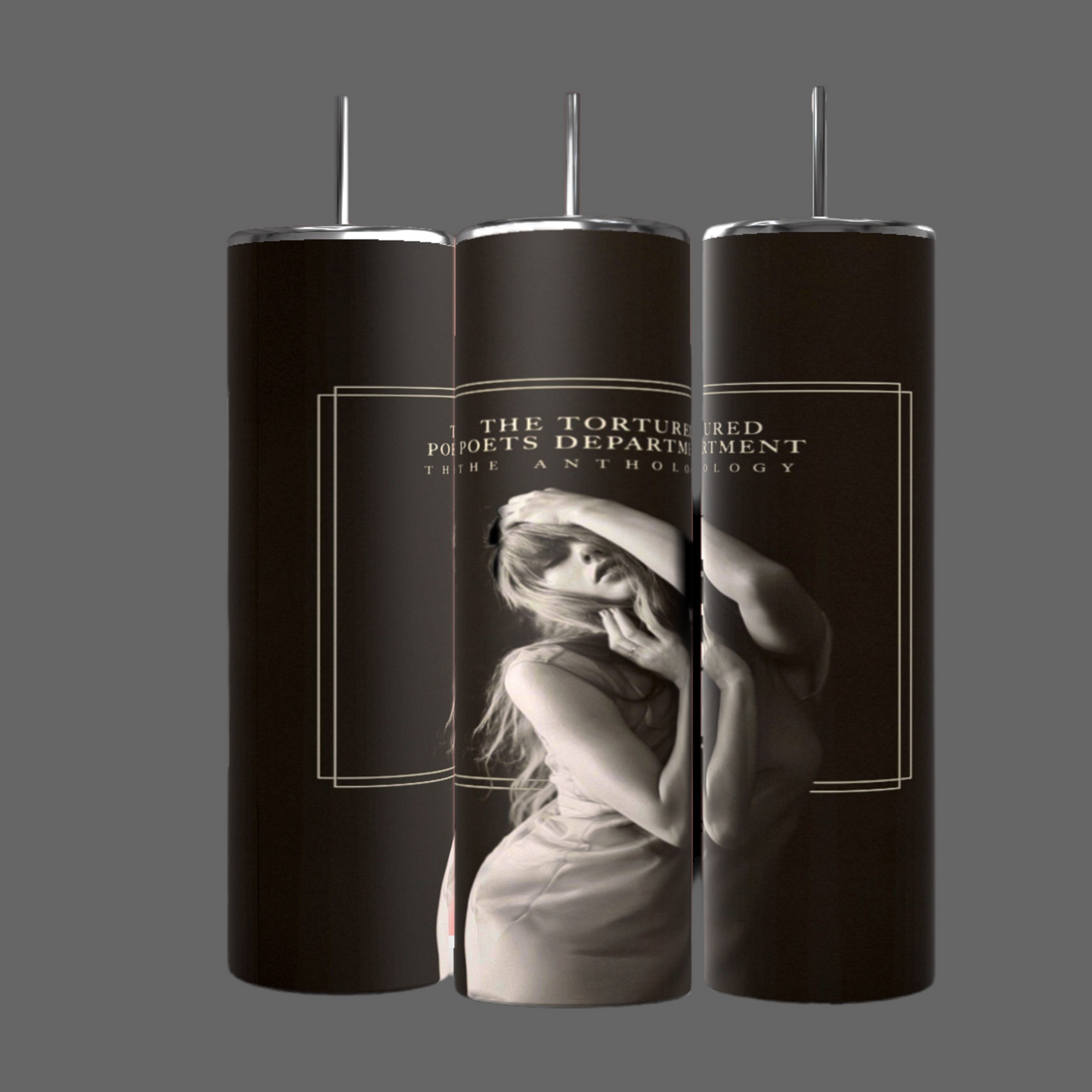 Three tall cylindrical tumblers from Kreative Kreationz, featuring black backgrounds. The center tumbler displays an image of a woman with long hair, holding her hands to her face, with the text above reading "The Tortured Poets Department: The Anthology." These tumblers are as sleek and well-constructed as can be found in The Anthropology TTPD 20oz Tumbler collection.