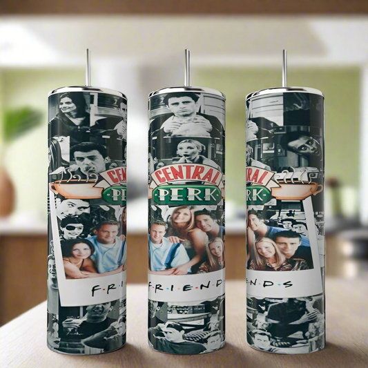 The trio of tall, cylindrical candles showcases a "Friends"-themed collage with the Central Perk logo and cast images. Similar to Kreative Kreationz's eco-friendly Friends Polaroid Collage Tumbler, each candle features black-and-white photos and the iconic "F.R.I.E.N.D.S" text.