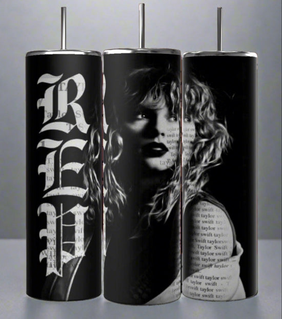 Displayed are three black REP 20oz Skinny Tumblers by Kreative Kreationz, each with a silver lid. The central tumbler features a curly-haired woman's portrait, while the side tumblers display 