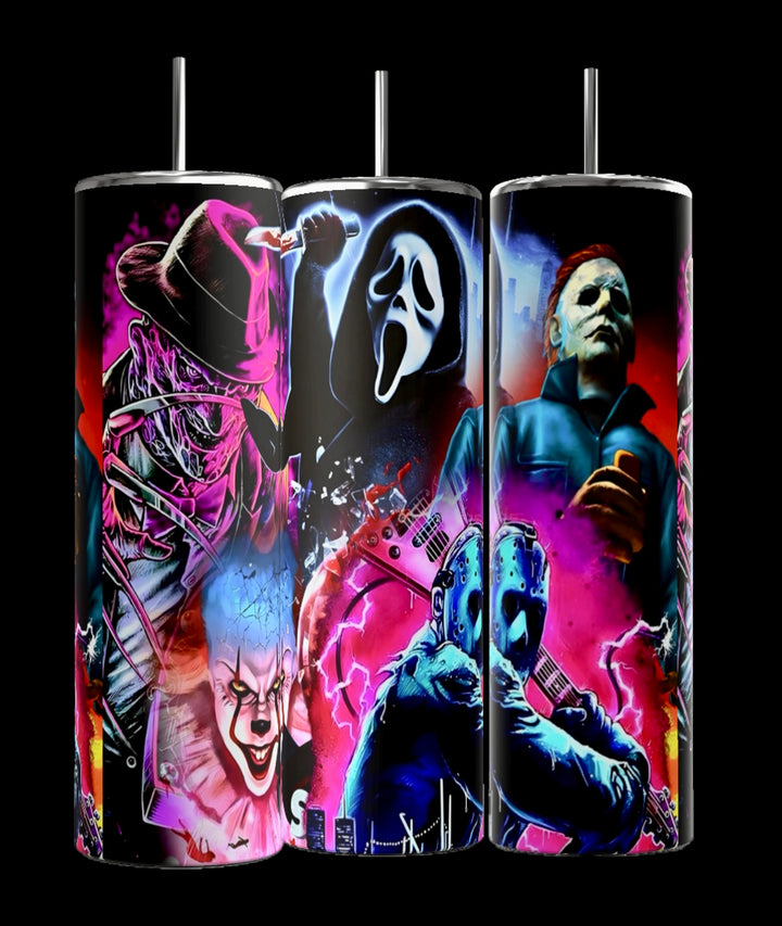 Kreative Kreationz's Horror Stars 20oz Tumblers feature vibrant neon depictions of iconic horror villains like Freddy Krueger, Ghostface, Pennywise, Jason Voorhees, and Michael Myers. These tumblers bring your favorite slashers to life against a dark backdrop with striking electric effects.