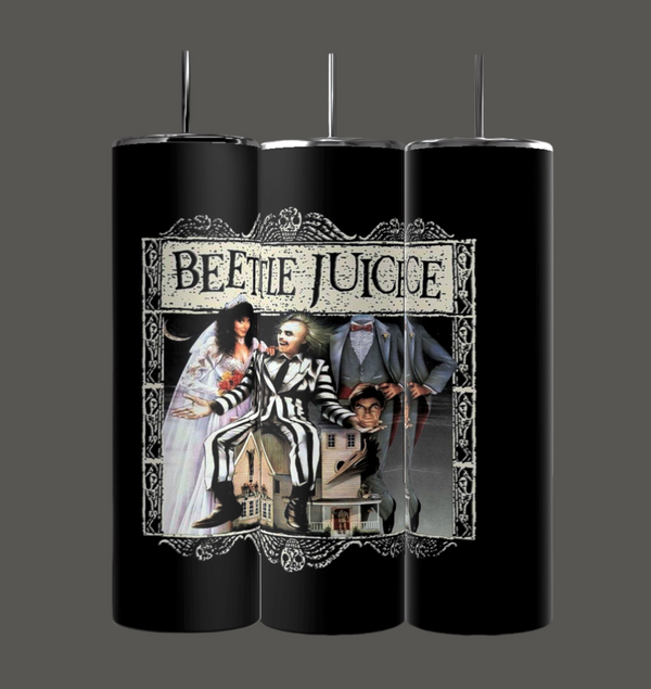 The Kreative Kreationz Beetlejuice 20oz Tumblers feature a collage of movie imagery, characters in various poses, and the title. This Halloween drinkware highlights a striped-suit figure and film elements on a dark background, with each tumbler holding up to 20 oz of your favorite beverages.