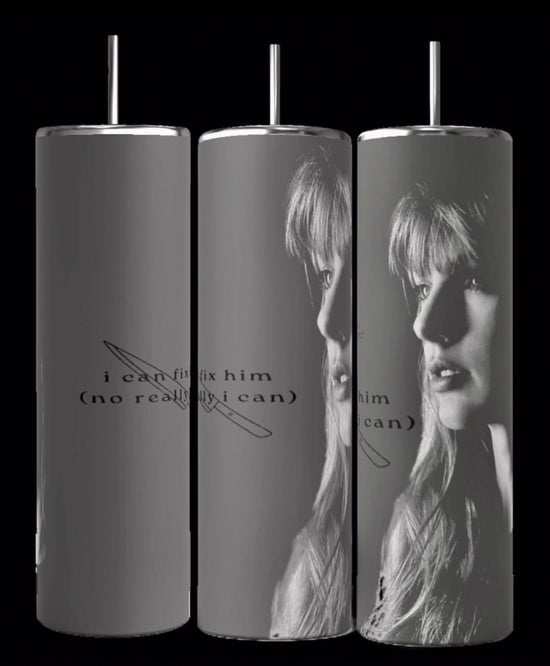 Three TTPD Lyrics 20oz Tumblers by Kreative Kreationz are displayed side by side, each featuring an image of a pensive woman. Overlaying the image, the text reads 