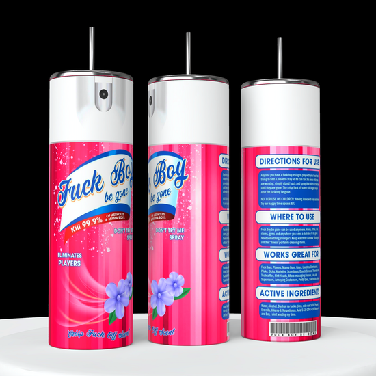 Three pink spray cans labeled 