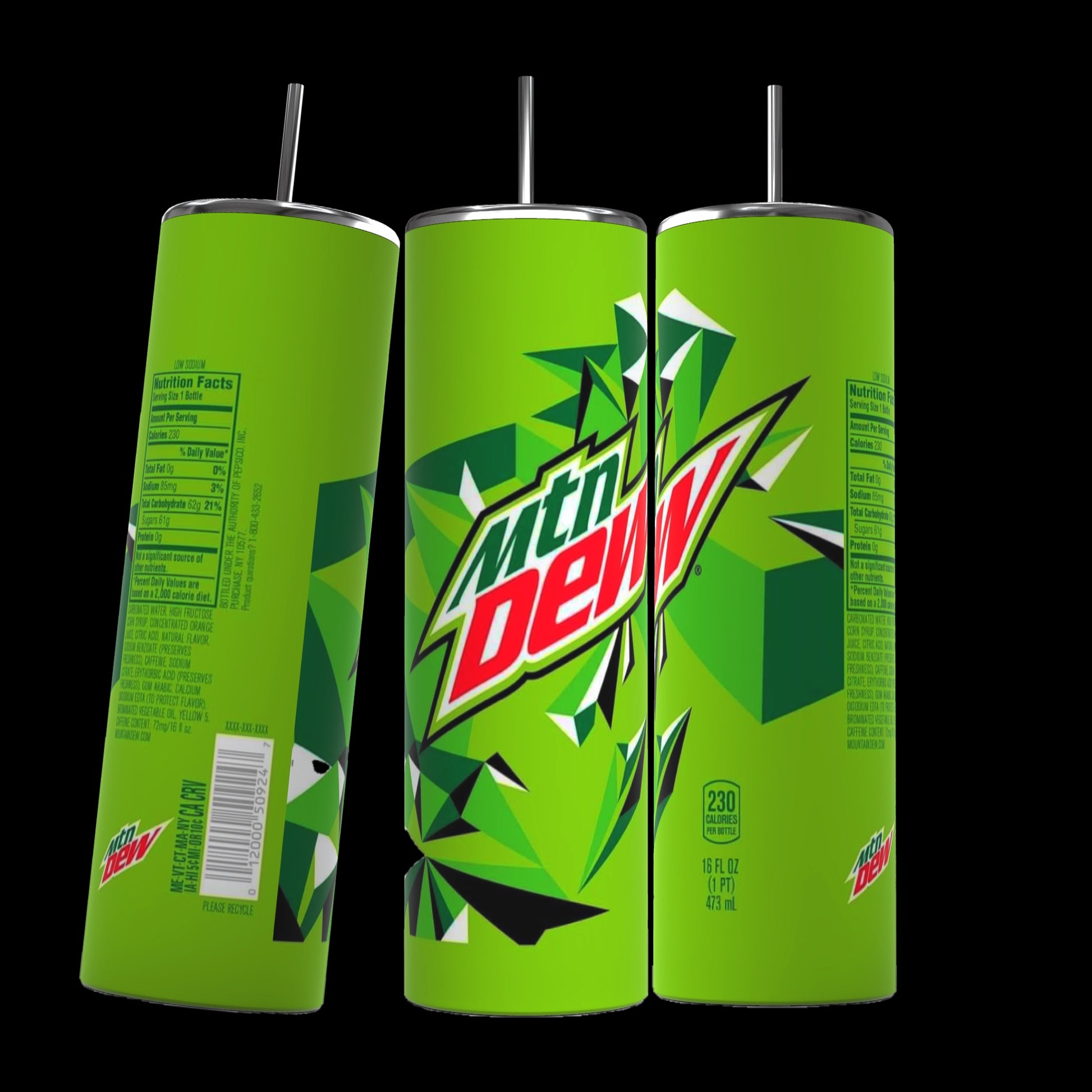 Three cylindrical green soda cans of Mountain Dew are arranged side by side. The cans feature bold white and red Mountain Dew logos and geometric designs. Nutritional information and branding details are visible. Each can is 20 fluid ounces (591 milliliters), perfect to fit in your Kreative Kreationz Mountain Dew Soda 20oz Skinny Tumbler for on-the-go refreshment.