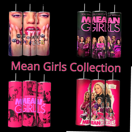 Experience the vibrant trio of 20oz tumblers from Kreative Kreationz's Mean Girls New Edition Collection. Each durable tumbler showcases bold "Mean Girls" lettering and black-and-white close-up images of characters from the iconic movie. Topped with silver lids and straws, these stylish pink tumblers are perfect for keeping your beverages hot or cold.