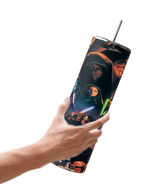 A hand holds a Kreative Kreationz Star Wars 20oz Tumbler, featuring a sublimated design of iconic characters and lightsabers on a dark background, emphasizing its durability.