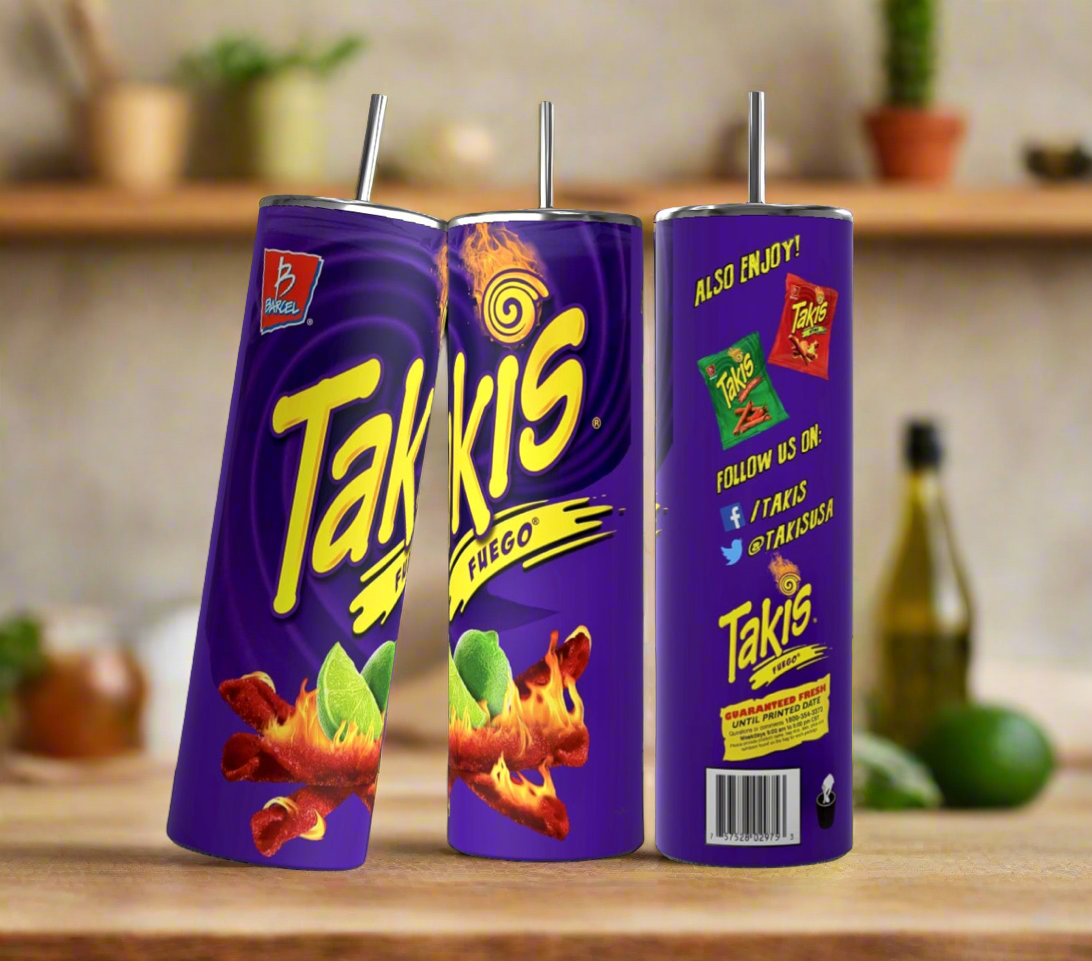 Image of three cylindrical cups with metal straws, designed to resemble Takis Fuego snack packaging. The Takis 20oz Stainless Steel Skinny Tumblers from Kreative Kreationz display the Takis logo, fiery snack sticks, and lime slices on a purple background. With a 20 oz capacity, they keep beverages hot or cold. Blurred kitchen background.