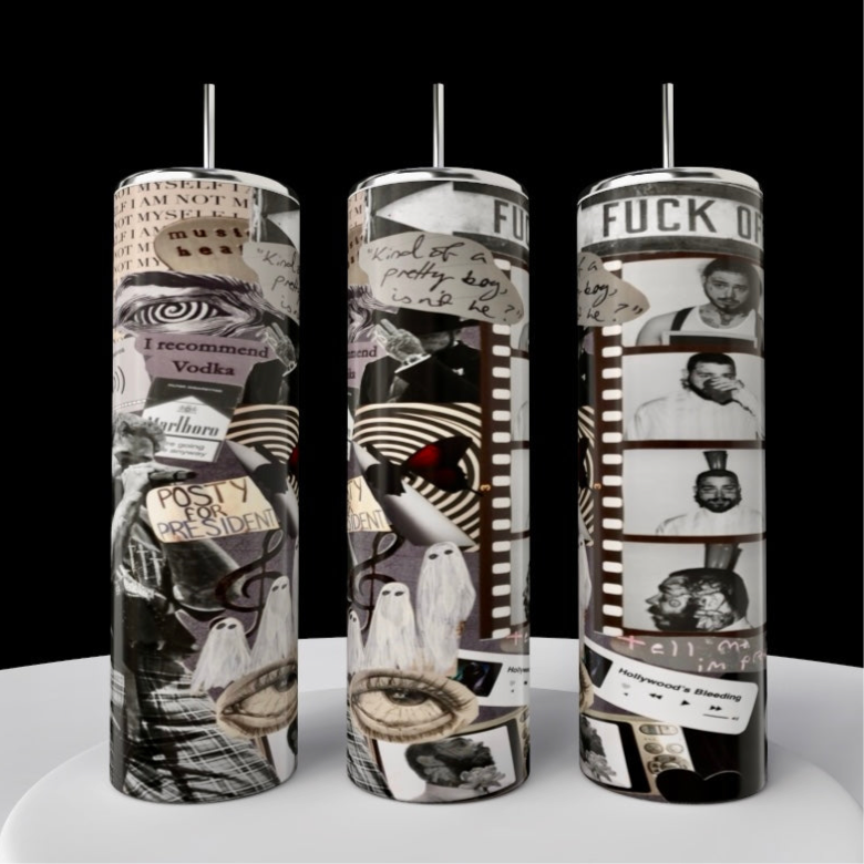 The Post Malone Filmstrip Tumbler by Kreative Kreationz includes three cylindrical candles with luxury-inspired collage designs of eyes, people, ghosts, and phrases like "POETRY" and "PRESIDENT," all topped with a silver wick.