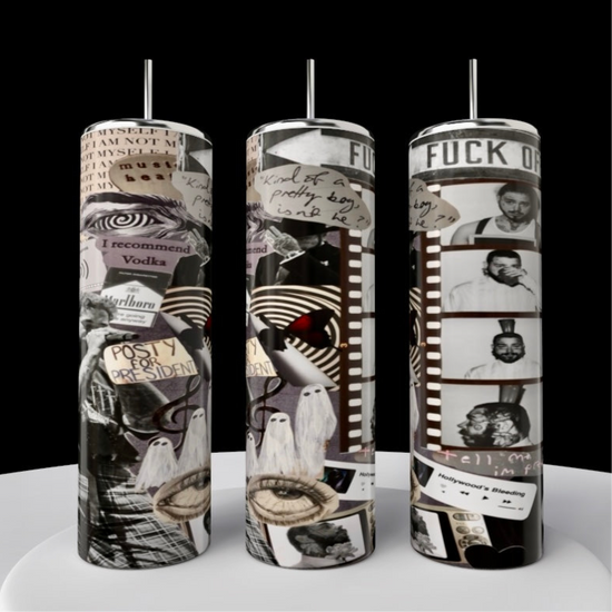 The Post Malone Filmstrip Tumbler by Kreative Kreationz includes three cylindrical candles with luxury-inspired collage designs of eyes, people, ghosts, and phrases like 