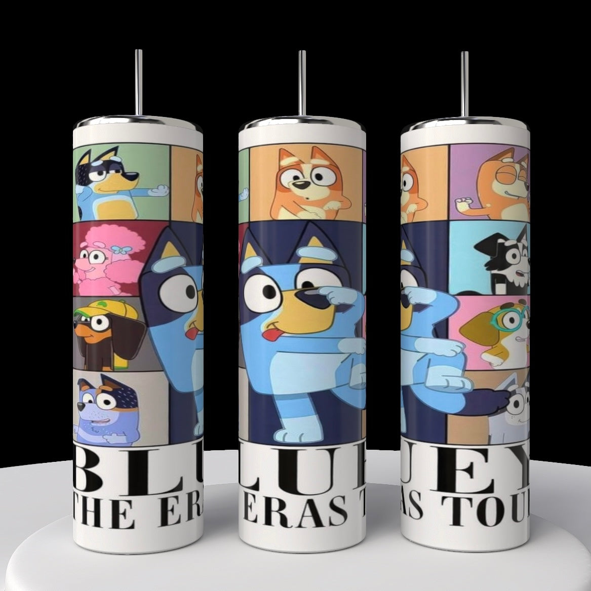 A set of three Bluey ERAS 20oz stainless steel tumblers by Kreative Kreationz, featuring vibrant and playful cartoon dog characters in various poses and expressions from a popular animated series.